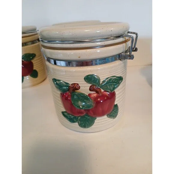 VTG-3 Cracker Barrel Country Apple Canister Set Metal Closure With Candel Holder